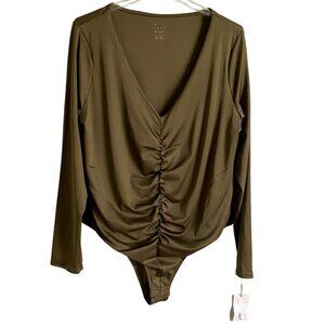 A New Day Olive Green Ruched Long Sleeve Bodysuit Women's XXL NEW NWT
